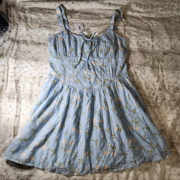 American Eagle AE Light Blue Floral Tie Front Corset Pocket Mini Dress - L - Picture 3 of 9